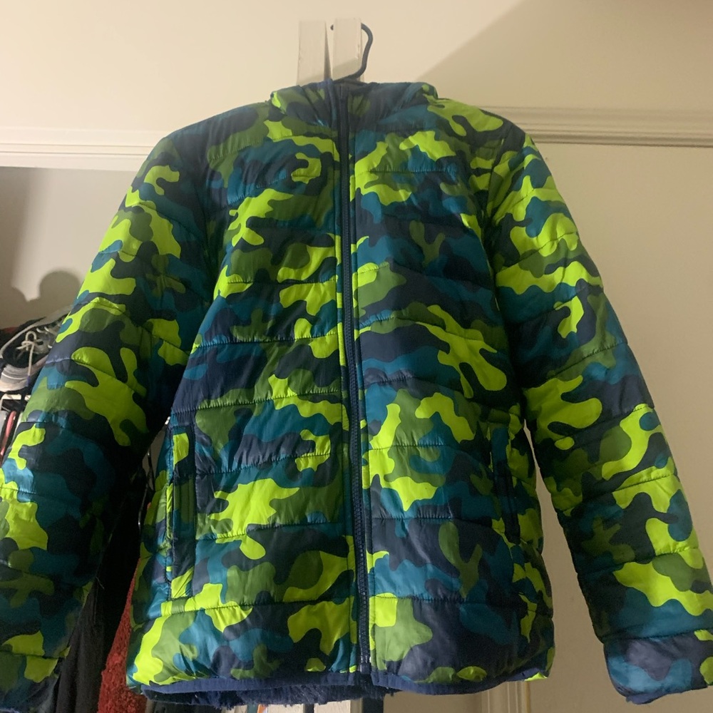Green and blue reversible coat